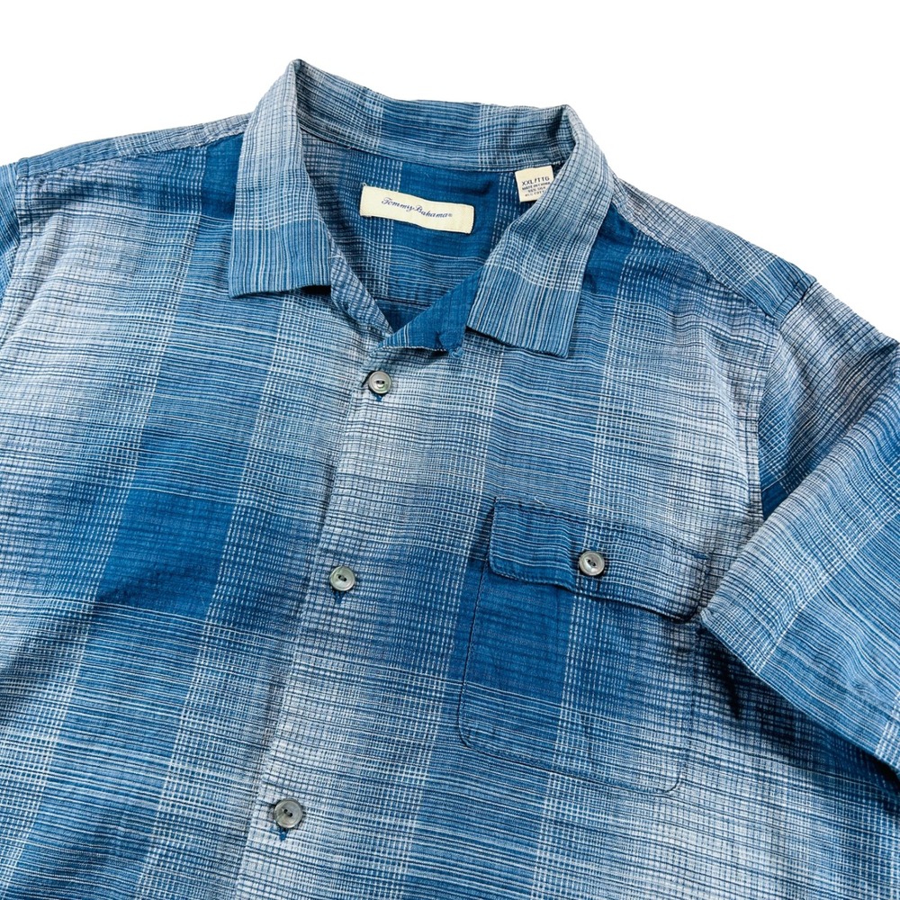 Tommy Bahama Camp Shirt XXL Blue Plaid Silk Cotton Loop Collar Tropical Pocket